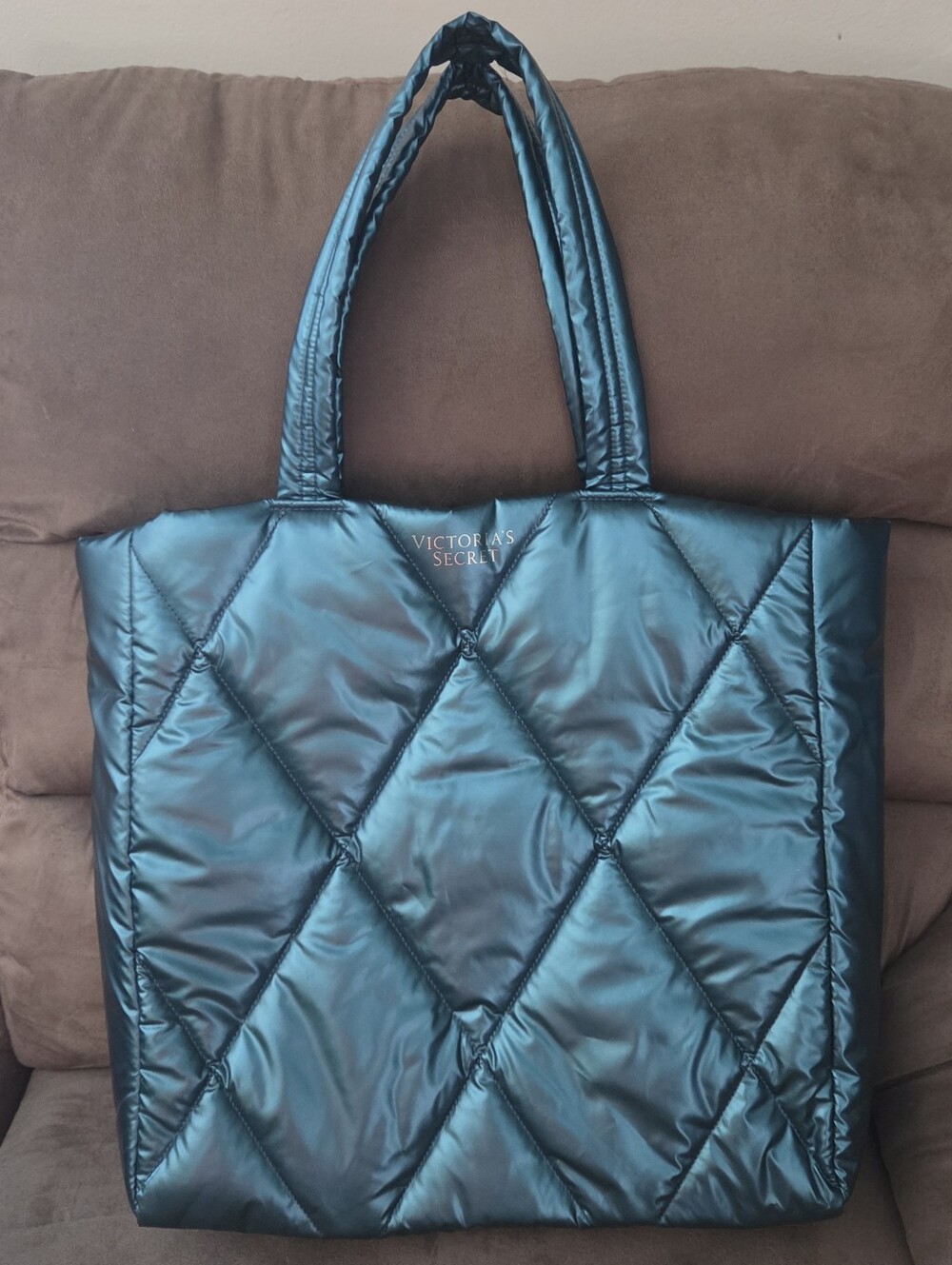 Victoria's Secret Green Teal Quilted Puffer Tote Shopping Bag Handbag Purse